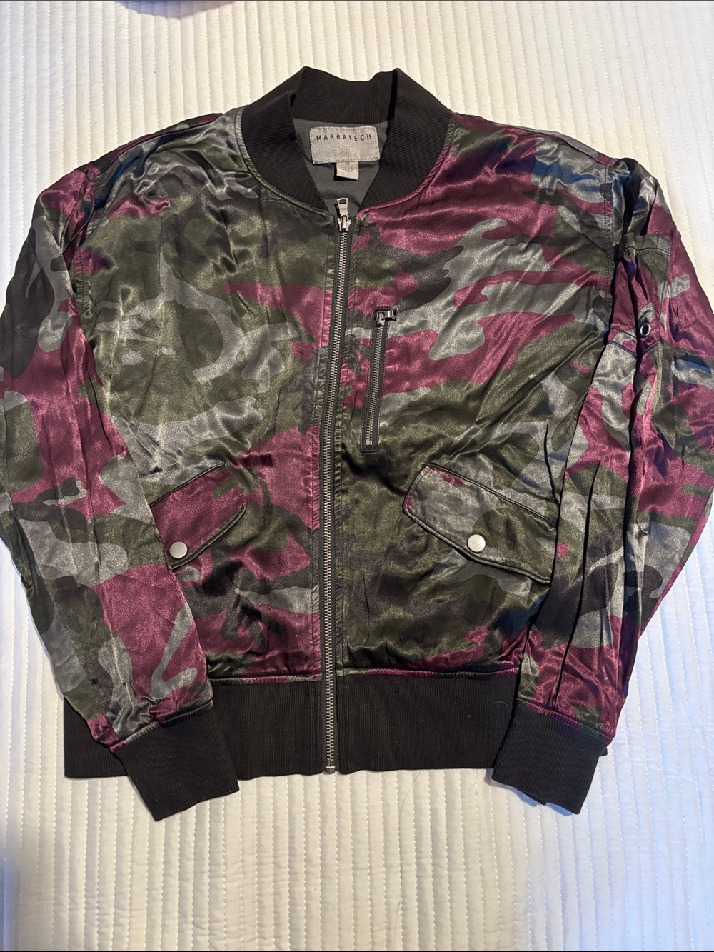 Marrakech Anthropologie Women's Burgundy & Green Camo Bomber Jacket Size XS